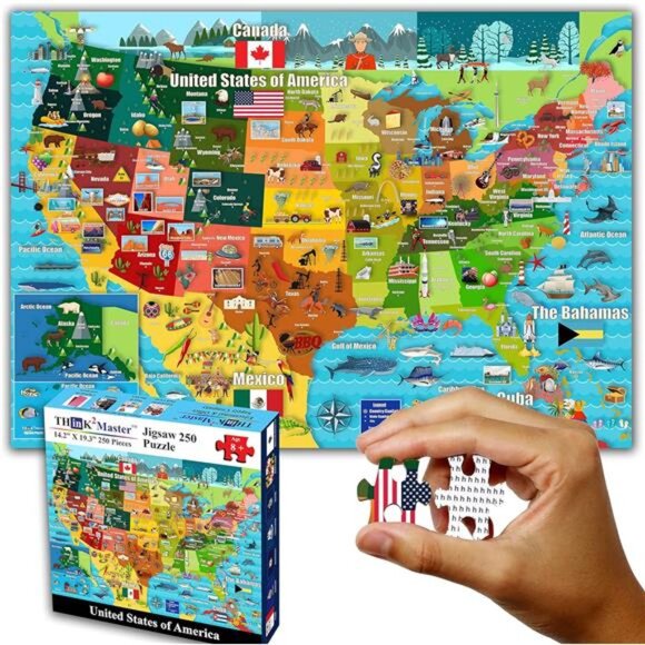 United States Map 250 Pieces Jigsaw Puzzle Fun Educational Toy for Kids, School - Picture 1 of 7